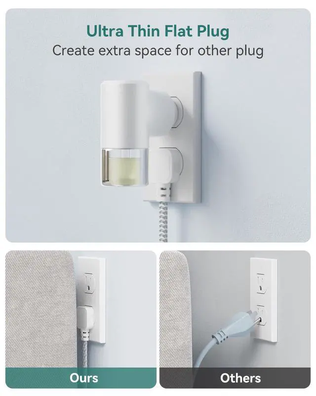 Alt view image 5 of 7 - Cord 1 FT - Small Power Strip Flat Outlet Extender Surge Protector with 6 AC Outlets & 3 USB Ports, Mini Extension Cord Flat Wall Plug for Home Office Dorm Kitchen Bathroom Essentials