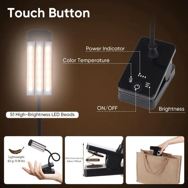 Alt view image 3 of 7 - Music Stand Light Clip On: Rechargeable Type-C Touch Folding Piano Lights
