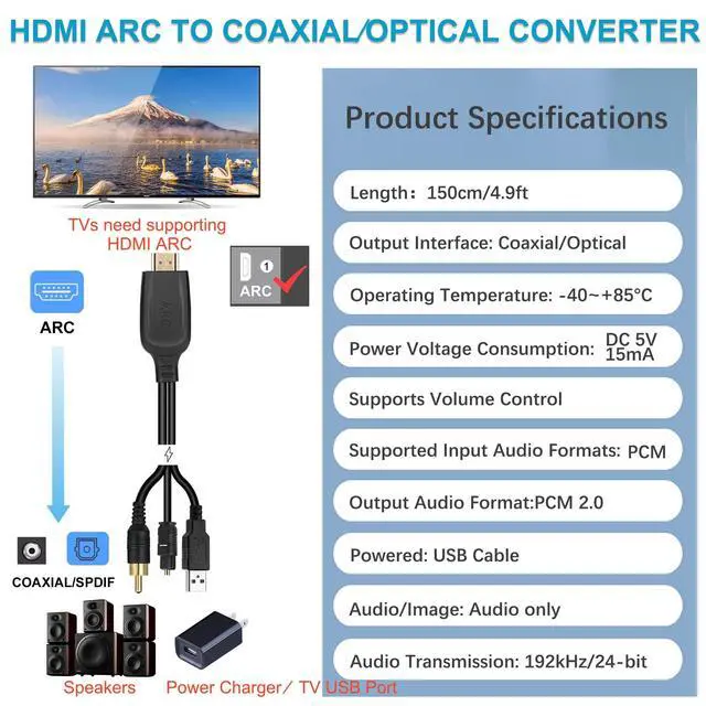 Alt view image 4 of 7 - 192KHz HDMI eARC/ARC to Optical Coaxial Audio Converter