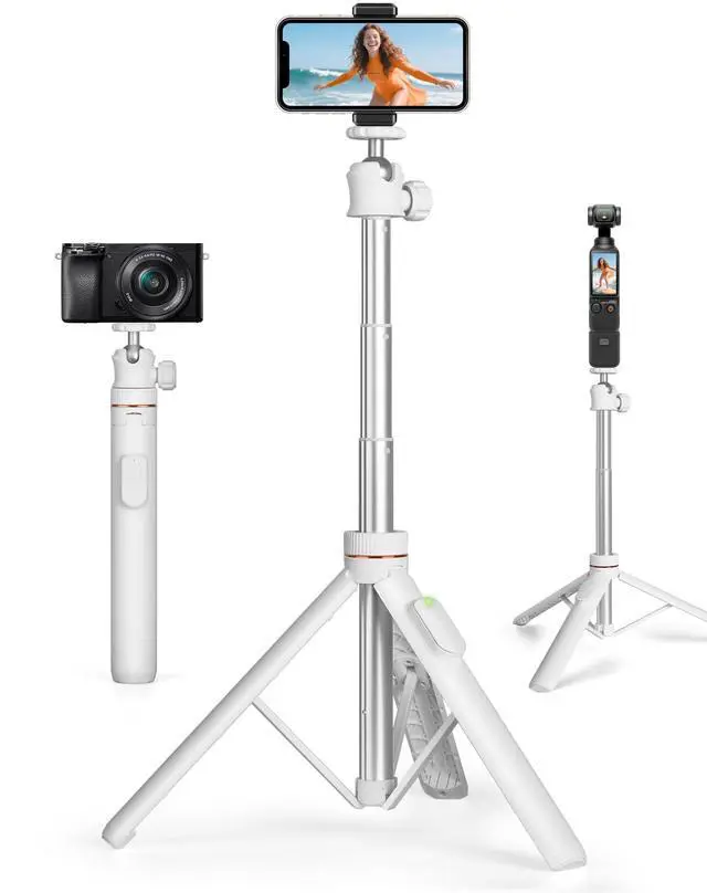Main image of Tripod for iPhone & Camera, 64" Selfie Stick with 360° Ball Head Remote & Phone Holder, Extendable Portable Phone Tripod Stand for Travel Vlog Compatible with Canon Sony DLSR DJI (White)