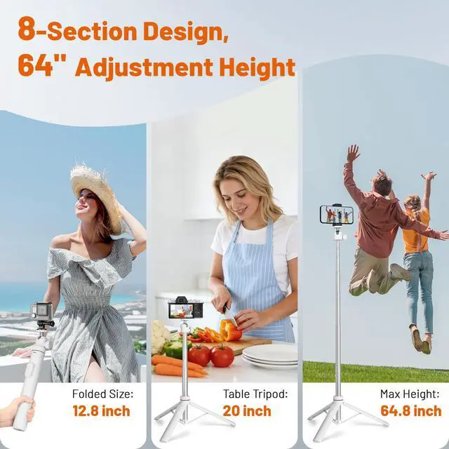 Alt view image 5 of 7 - Tripod for iPhone & Camera, 64" Selfie Stick with 360° Ball Head Remote & Phone Holder, Extendable Portable Phone Tripod Stand for Travel Vlog Compatible with Canon Sony DLSR DJI (White)