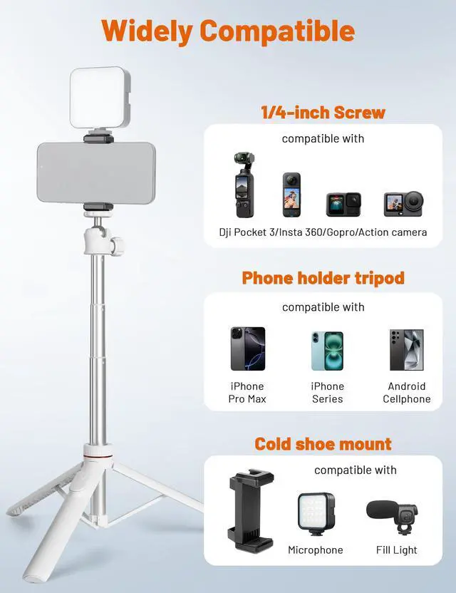 Alt view image 6 of 7 - Tripod for iPhone & Camera, 64" Selfie Stick with 360° Ball Head Remote & Phone Holder, Extendable Portable Phone Tripod Stand for Travel Vlog Compatible with Canon Sony DLSR DJI (White)
