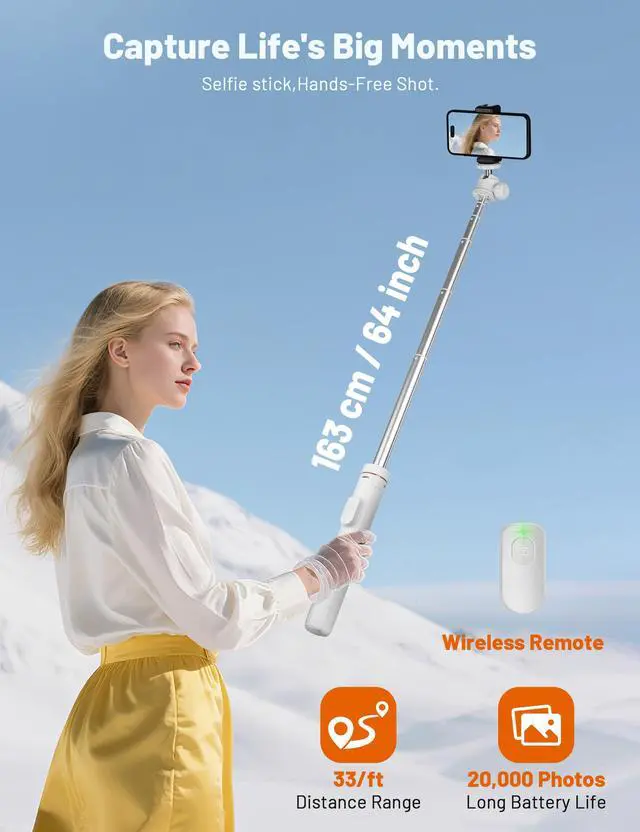 Alt view image 4 of 7 - Tripod for iPhone & Camera, 64" Selfie Stick with 360° Ball Head Remote & Phone Holder, Extendable Portable Phone Tripod Stand for Travel Vlog Compatible with Canon Sony DLSR DJI (White)