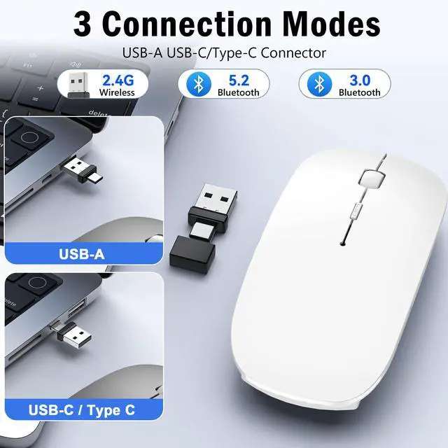 Alt view image 3 of 7 - Wireless Mouse for MacBook Air iPad Pro PC Laptop, Bluetooth Rechargeable Computer Mice with Jiggler Mode, Silent 3 Mode (BT 5.2/3.0 & USB-A/USB-C Receiver) Type-C Slim Travel Mouse, White