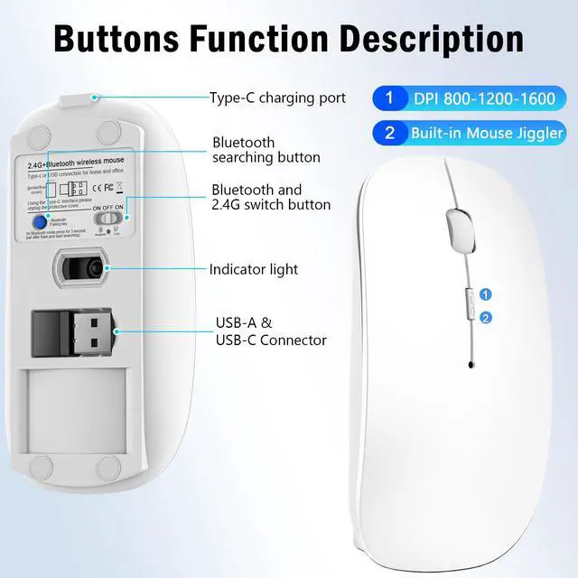 Alt view image 4 of 7 - Wireless Mouse for MacBook Air iPad Pro PC Laptop, Bluetooth Rechargeable Computer Mice with Jiggler Mode, Silent 3 Mode (BT 5.2/3.0 & USB-A/USB-C Receiver) Type-C Slim Travel Mouse, White