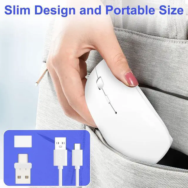Alt view image 6 of 7 - Wireless Mouse for MacBook Air iPad Pro PC Laptop, Bluetooth Rechargeable Computer Mice with Jiggler Mode, Silent 3 Mode (BT 5.2/3.0 & USB-A/USB-C Receiver) Type-C Slim Travel Mouse, White