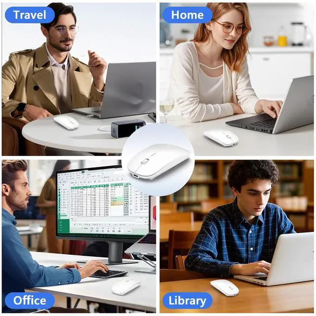 Alt view image 7 of 7 - Wireless Mouse for MacBook Air iPad Pro PC Laptop, Bluetooth Rechargeable Computer Mice with Jiggler Mode, Silent 3 Mode (BT 5.2/3.0 & USB-A/USB-C Receiver) Type-C Slim Travel Mouse, White