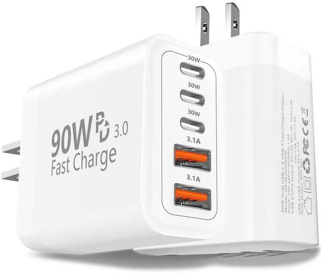 Main image of 90W Fast Charging Block 2Pack, 5-Port USB C Charger Station (3C+2A), Super Fast Type C Wall Plug Compatible with iPhone 17/16/15, Samsung Galaxy S25/S26, Desk Accessories
