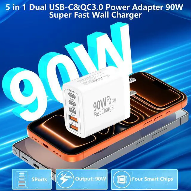 Alt view image 2 of 7 - 90W Fast Charging Block 2Pack, 5-Port USB C Charger Station (3C+2A), Super Fast Type C Wall Plug Compatible with iPhone 17/16/15, Samsung Galaxy S25/S26, Desk Accessories