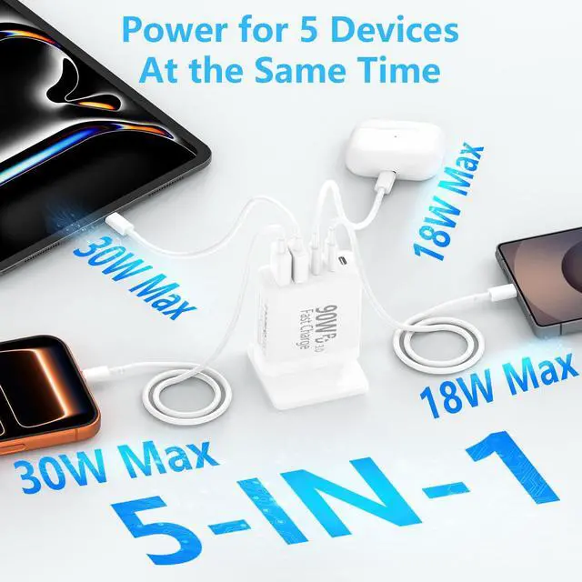 Alt view image 3 of 7 - 90W Fast Charging Block 2Pack, 5-Port USB C Charger Station (3C+2A), Super Fast Type C Wall Plug Compatible with iPhone 17/16/15, Samsung Galaxy S25/S26, Desk Accessories