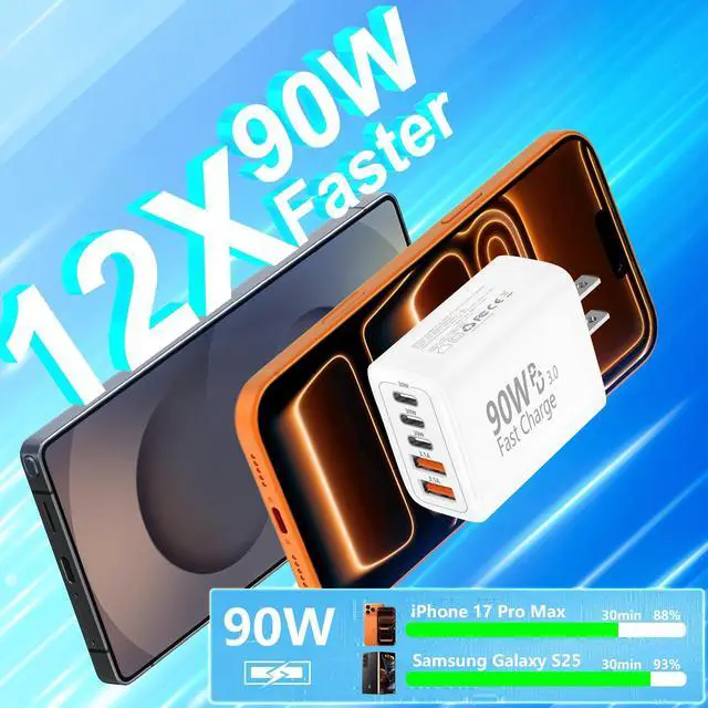 Alt view image 5 of 7 - 90W Fast Charging Block 2Pack, 5-Port USB C Charger Station (3C+2A), Super Fast Type C Wall Plug Compatible with iPhone 17/16/15, Samsung Galaxy S25/S26, Desk Accessories