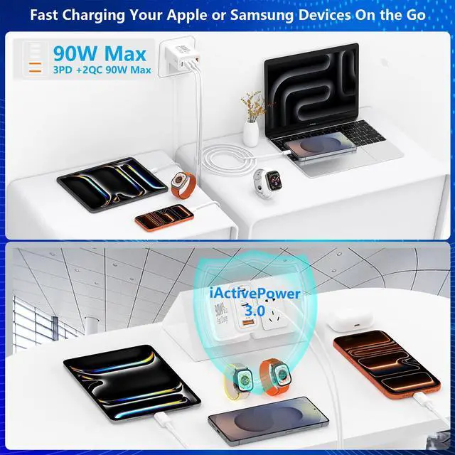 Alt view image 7 of 7 - 90W Fast Charging Block 2Pack, 5-Port USB C Charger Station (3C+2A), Super Fast Type C Wall Plug Compatible with iPhone 17/16/15, Samsung Galaxy S25/S26, Desk Accessories