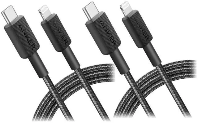 Main image of 322 USB-C to Lightning Cable Braided MFi Certified iPhone Charger Cord for iPhone 15, 14, 13, 12, 11, iPad, AirPods Durable Fast Charging Data Sync Cable Long Length Black, 6ft, Pack of 2