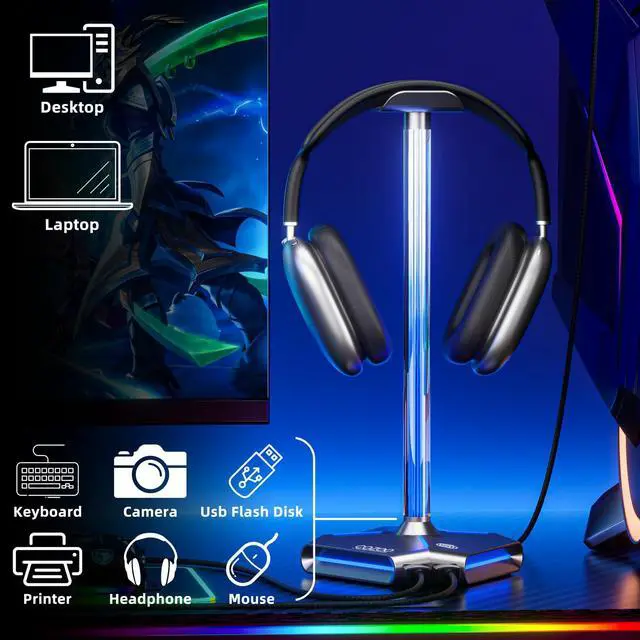 Alt view image 3 of 7 - Desk headset stand Touch RGB Light Stand 4 Color Modes 2 USB Grey