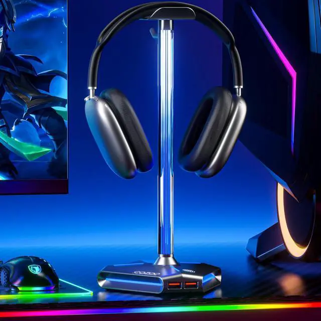 Main image of Desk headset stand Touch RGB Light Stand 4 Color Modes 2 USB Grey