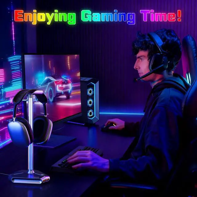 Alt view image 5 of 7 - Desk headset stand Touch RGB Light Stand 4 Color Modes 2 USB Grey