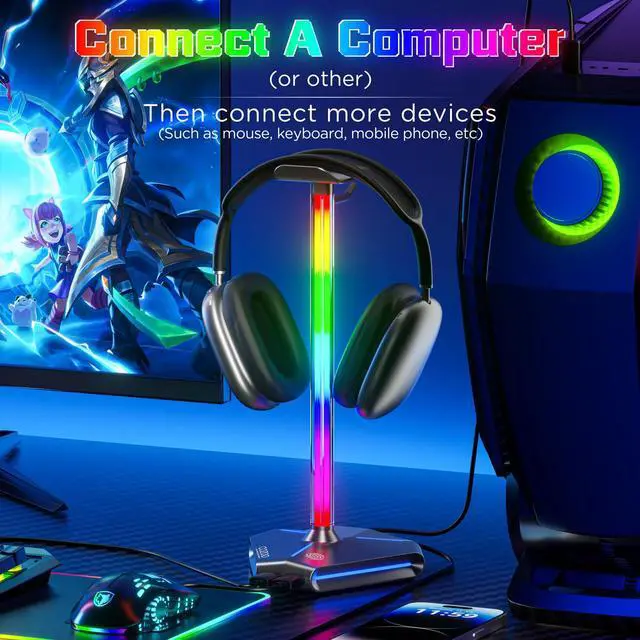 Alt view image 4 of 7 - Desk headset stand Touch RGB Light Stand 4 Color Modes 2 USB Grey