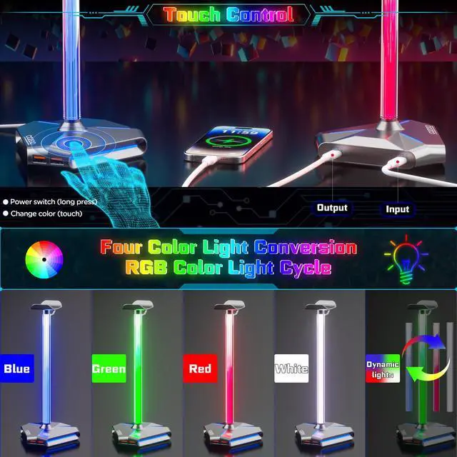 Alt view image 2 of 7 - Desk headset stand Touch RGB Light Stand 4 Color Modes 2 USB Grey