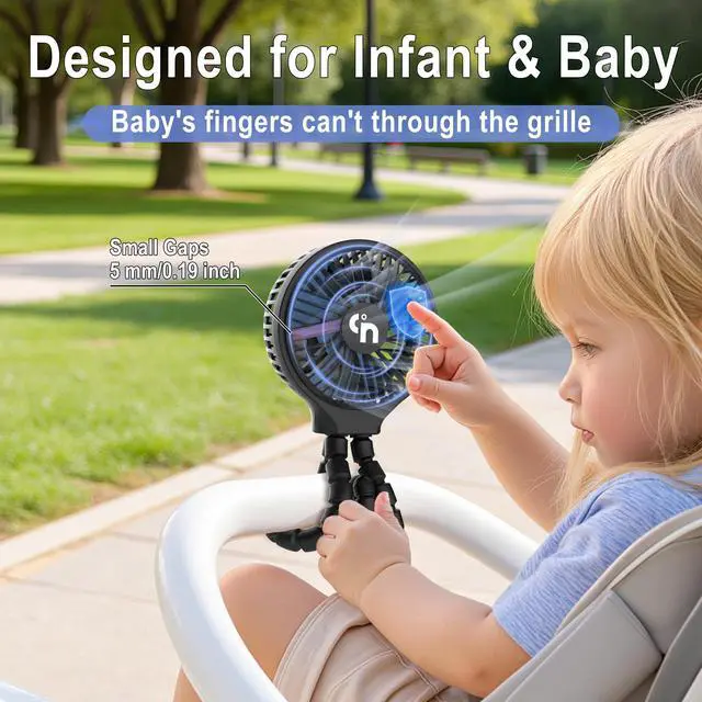 Alt view image 3 of 7 - Portable Stroller Fan, 11H Ultra-long Battery Life 3 Speed 360°Rotate, USB Rechargeable or Battery Operated Cooling Clip On Personal Fan for Baby Crib Travel Car Seat Black