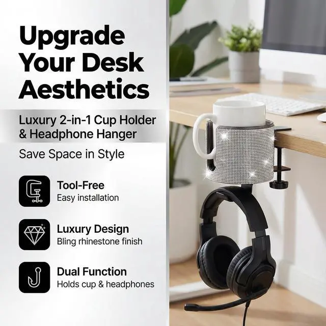 Alt view image 2 of 7 - Luxury 2-in-1 Desk Cup Holder with Headphone Hanger for Office, Home, Gaming(Bling Bling)
