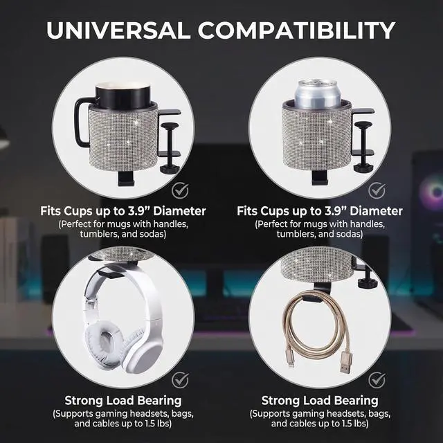 Alt view image 5 of 7 - Luxury 2-in-1 Desk Cup Holder with Headphone Hanger for Office, Home, Gaming(Bling Bling)