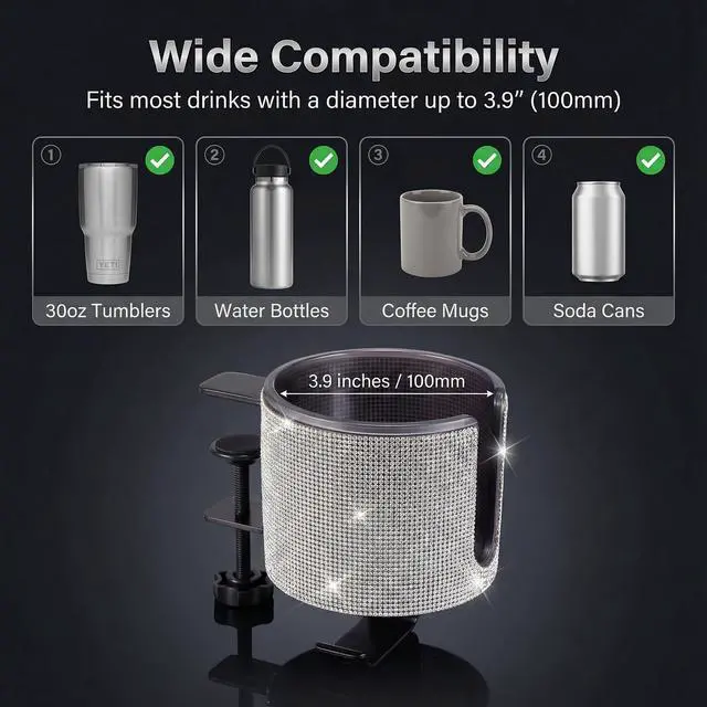 Alt view image 4 of 7 - Luxury 2-in-1 Desk Cup Holder with Headphone Hanger for Office, Home, Gaming(Bling Bling)