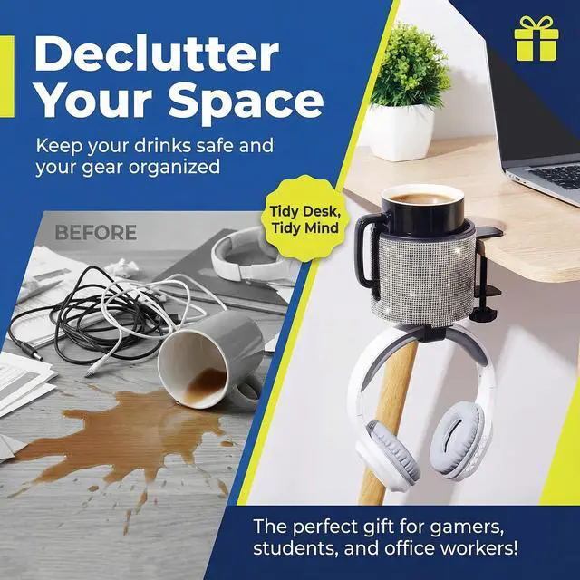 Alt view image 7 of 7 - Luxury 2-in-1 Desk Cup Holder with Headphone Hanger for Office, Home, Gaming(Bling Bling)