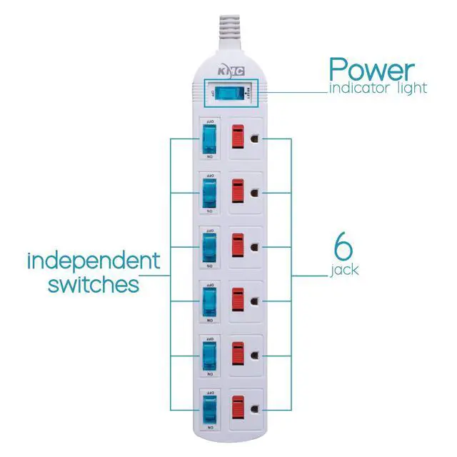 Alt view image 2 of 7 - 6 Outlet Power Strip with Multi-Outlet Independent Switches, Overload Protector,4-Foot Cord