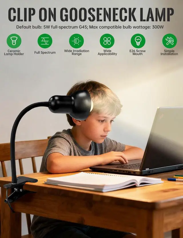 Alt view image 2 of 7 - Clip On Gooseneck Lamp - 300W Max, Ceramic Fire-Resistant E26 Socket, Classic Durable Switch, Adjustable Flexible Clamp Light for Desk, Workbench, Bed Headboard, Table, Grow (Standard Clip Desk Light)