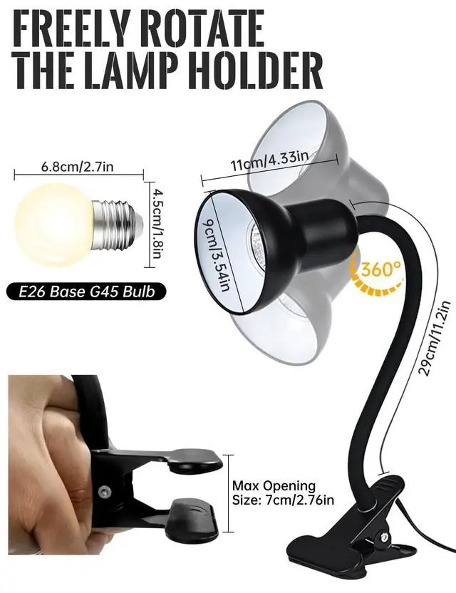 Alt view image 6 of 7 - Clip On Gooseneck Lamp - 300W Max, Ceramic Fire-Resistant E26 Socket, Classic Durable Switch, Adjustable Flexible Clamp Light for Desk, Workbench, Bed Headboard, Table, Grow (Standard Clip Desk Light)