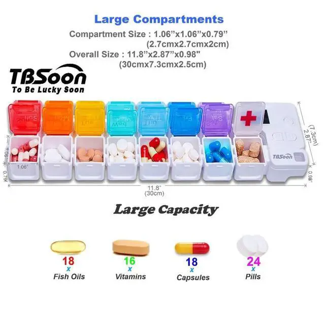 Alt view image 4 of 6 - 7 Day Medicine Pill Organizer, 4 Reminder Alarms, Loud Sound, 14 Large Compartments, Large Screen, Moisture-Proof, Travel Weekly/Daily Pill Box/Organizer/Case/Container/Dispenser, AM/PM 2 Times a Day