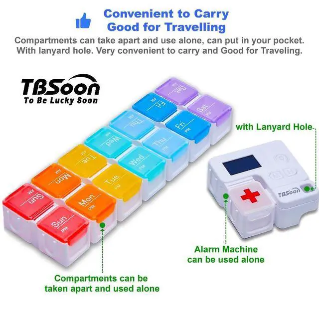 Alt view image 5 of 6 - 7 Day Medicine Pill Organizer, 4 Reminder Alarms, Loud Sound, 14 Large Compartments, Large Screen, Moisture-Proof, Travel Weekly/Daily Pill Box/Organizer/Case/Container/Dispenser, AM/PM 2 Times a Day