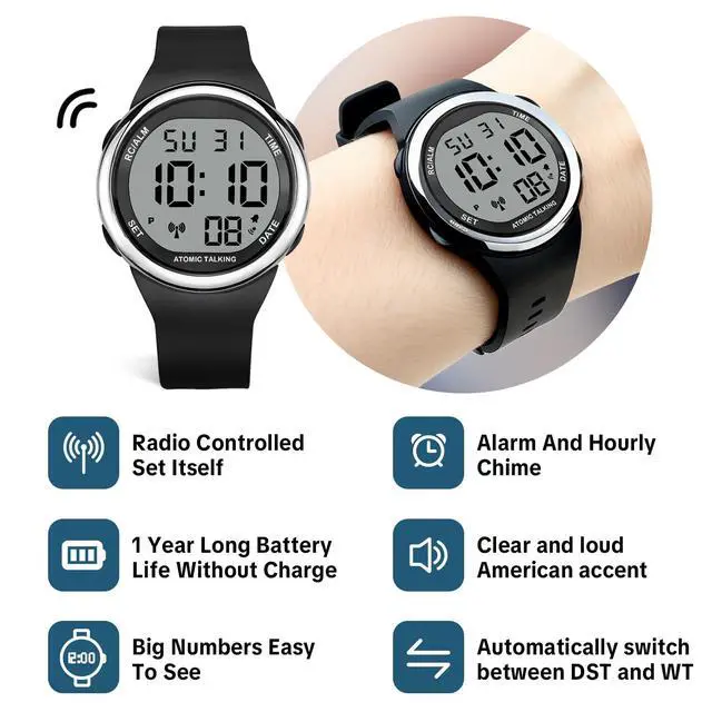 Alt view image 3 of 7 - Atomic Talking Watch Sets Itself for Visually impaired or Seniors