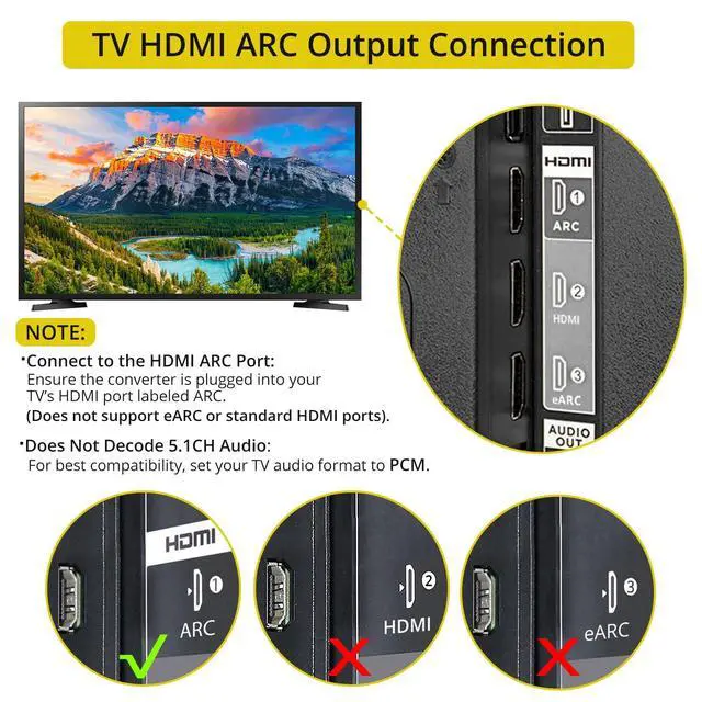 Alt view image 3 of 7 - 192KHz HDMI ARC to Optical Audio Adapter 7ft ARC Audio Extractor