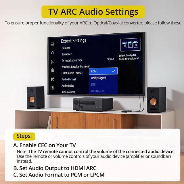 Alt view image 4 of 7 - 192KHz HDMI ARC to Optical Audio Adapter 7ft ARC Audio Extractor