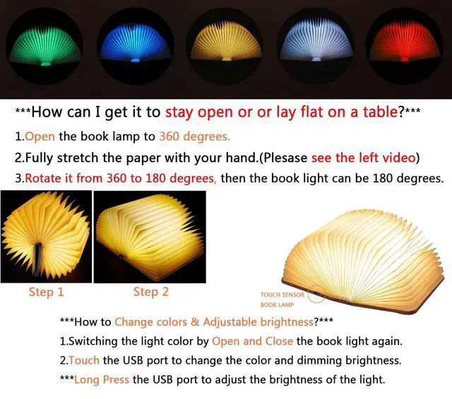 Alt view image 4 of 5 - Wooden Book Light, Upgraded 5 Colors Creative LED Book Night Light USB Rechargeable Magnetic Folding Mood Light for Home,Office,Library Decor Gift