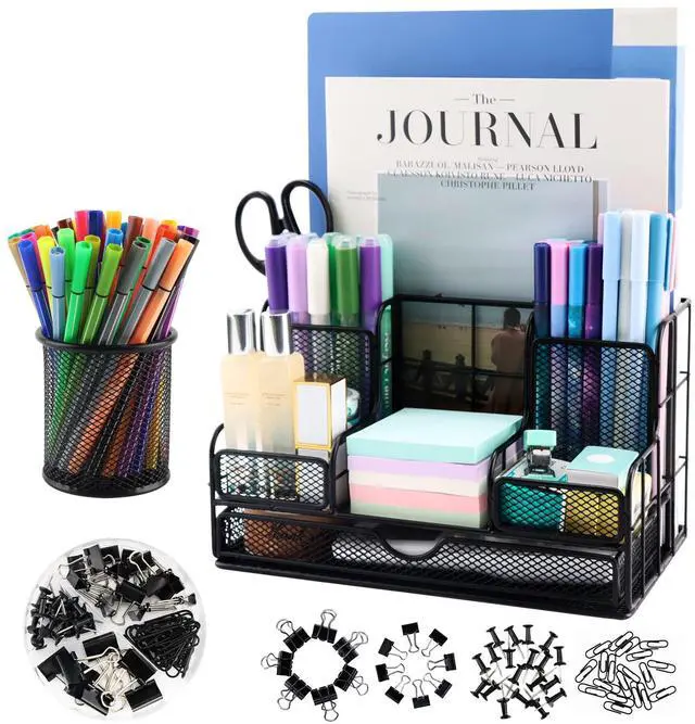 Main image of Desk Organizers Caddy and Accessories with 7 Compartments + Pen Holder / 72 Clips Set, Drawer, Black Mesh Office Supplies Desktop Organizer for Home, Office Ect