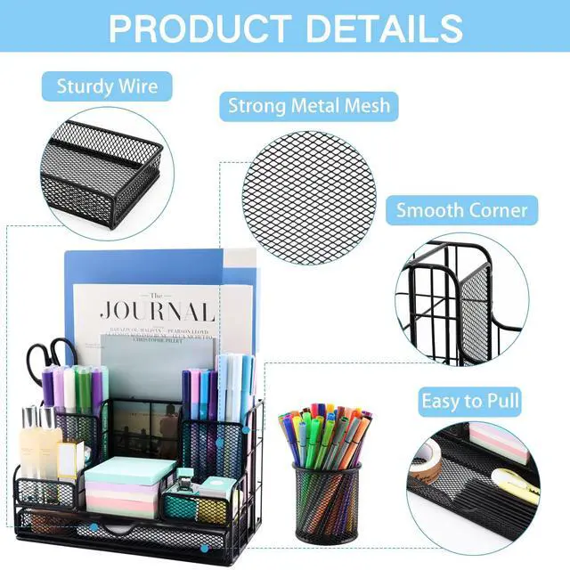 Alt view image 3 of 7 - Desk Organizers Caddy and Accessories with 7 Compartments + Pen Holder / 72 Clips Set, Drawer, Black Mesh Office Supplies Desktop Organizer for Home, Office Ect