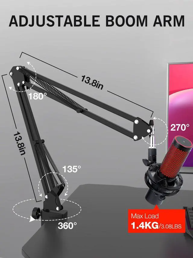 Alt view image 4 of 7 - QuadCast 2 Boom Arm, Mic Arm Microphone Arm for HyperX QuadCast 2 with HyperX QuadCast 2 Pop Filter, 3/8" to 5/8" Adapter, by SUNMON