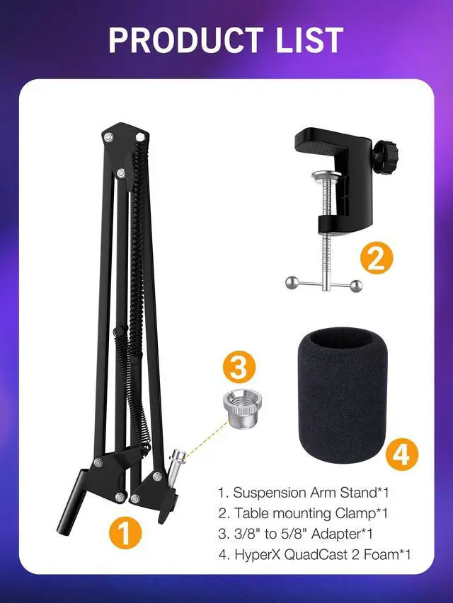 Alt view image 7 of 7 - QuadCast 2 Boom Arm, Mic Arm Microphone Arm for HyperX QuadCast 2 with HyperX QuadCast 2 Pop Filter, 3/8" to 5/8" Adapter, by SUNMON
