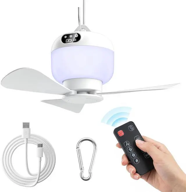Main image of Camping Fan with Light & Remote, Portable Ceiling Fan Wireless Rechargeable Tent Fan with 4 Speeds,3 Light Modes,Timer, Battery Powered Fan for Tents, Canopy, Beach, RV, Car, Camper & Outdoor