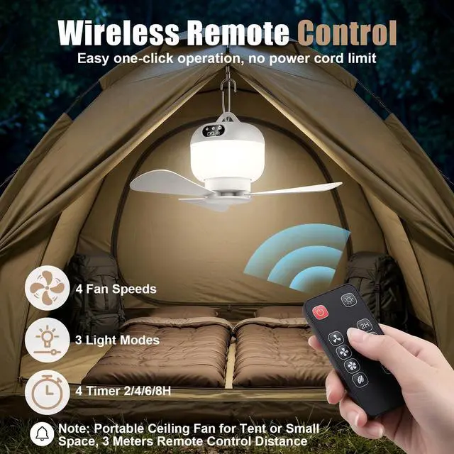Alt view image 2 of 7 - Camping Fan with Light & Remote, Portable Ceiling Fan Wireless Rechargeable Tent Fan with 4 Speeds,3 Light Modes,Timer, Battery Powered Fan for Tents, Canopy, Beach, RV, Car, Camper & Outdoor