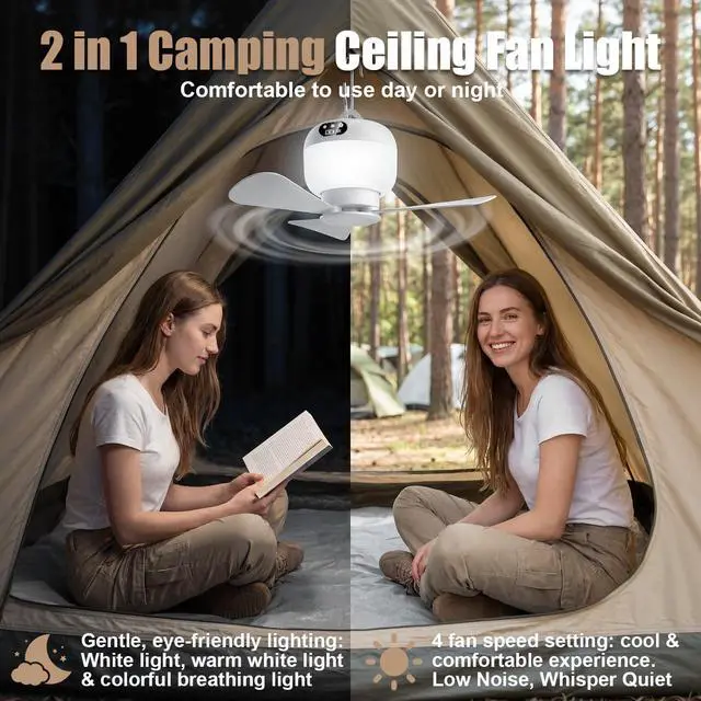 Alt view image 3 of 7 - Camping Fan with Light & Remote, Portable Ceiling Fan Wireless Rechargeable Tent Fan with 4 Speeds,3 Light Modes,Timer, Battery Powered Fan for Tents, Canopy, Beach, RV, Car, Camper & Outdoor