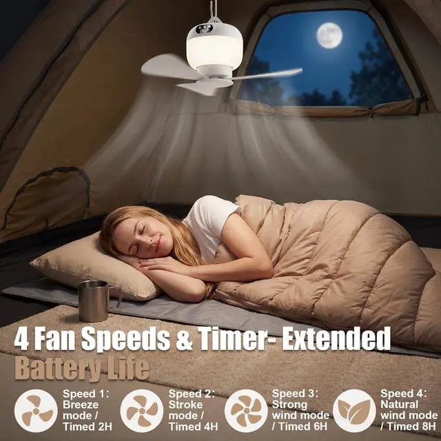 Alt view image 5 of 7 - Camping Fan with Light & Remote, Portable Ceiling Fan Wireless Rechargeable Tent Fan with 4 Speeds,3 Light Modes,Timer, Battery Powered Fan for Tents, Canopy, Beach, RV, Car, Camper & Outdoor