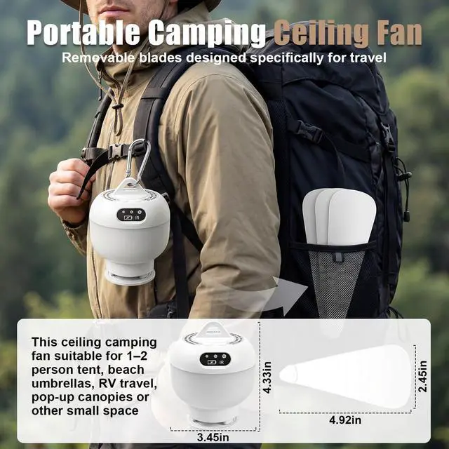 Alt view image 6 of 7 - Camping Fan with Light & Remote, Portable Ceiling Fan Wireless Rechargeable Tent Fan with 4 Speeds,3 Light Modes,Timer, Battery Powered Fan for Tents, Canopy, Beach, RV, Car, Camper & Outdoor