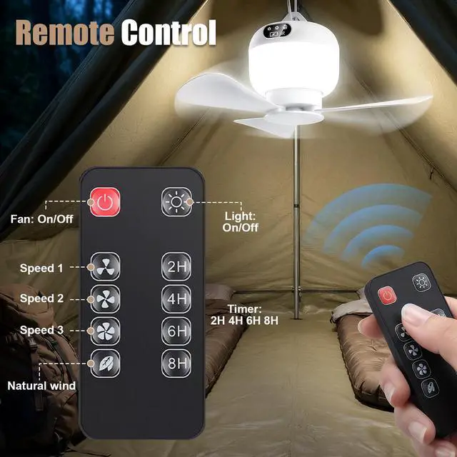 Alt view image 7 of 7 - Camping Fan with Light & Remote, Portable Ceiling Fan Wireless Rechargeable Tent Fan with 4 Speeds,3 Light Modes,Timer, Battery Powered Fan for Tents, Canopy, Beach, RV, Car, Camper & Outdoor