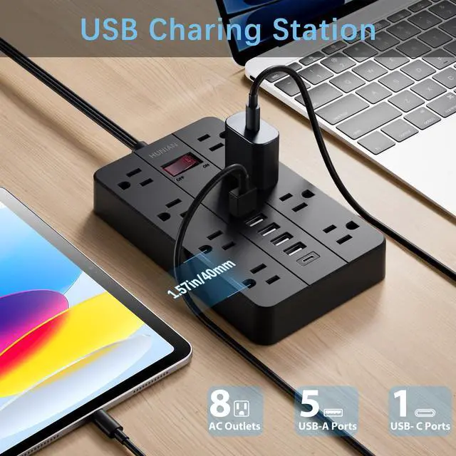 Alt view image 2 of 7 - Power Strip with USB Ports, HUNIAN 5 Ft Extension Cord Flat Plug with 8 Outlets, 6 USB Charger(1 USB C Port), Indoor Desk Charging Station Outlet Extender for Home and Office Accessories, Black