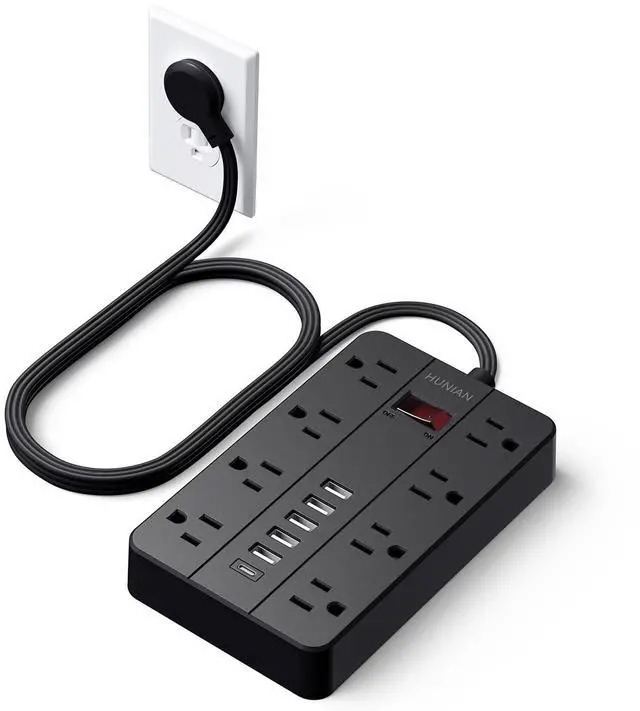Main image of Power Strip with USB Ports, HUNIAN 5 Ft Extension Cord Flat Plug with 8 Outlets, 6 USB Charger(1 USB C Port), Indoor Desk Charging Station Outlet Extender for Home and Office Accessories, Black