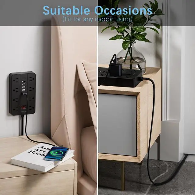 Alt view image 5 of 7 - Power Strip with USB Ports, HUNIAN 5 Ft Extension Cord Flat Plug with 8 Outlets, 6 USB Charger(1 USB C Port), Indoor Desk Charging Station Outlet Extender for Home and Office Accessories, Black