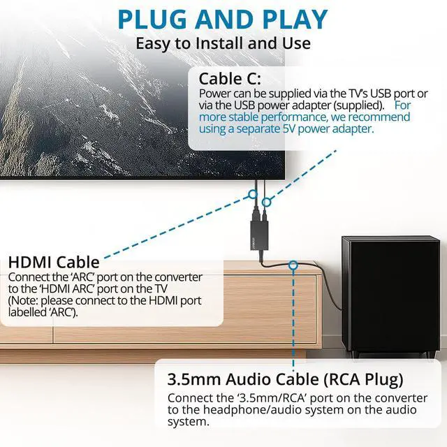Alt view image 6 of 7 - ARC to 3.5mm Audio Extractor, HDMI ARC Converter for TV to Headphones, Speakers, Amplifiers, Supports Stereo Output, CEC Remote Volume Control, Compact for Home Entertainment(Support CEC)